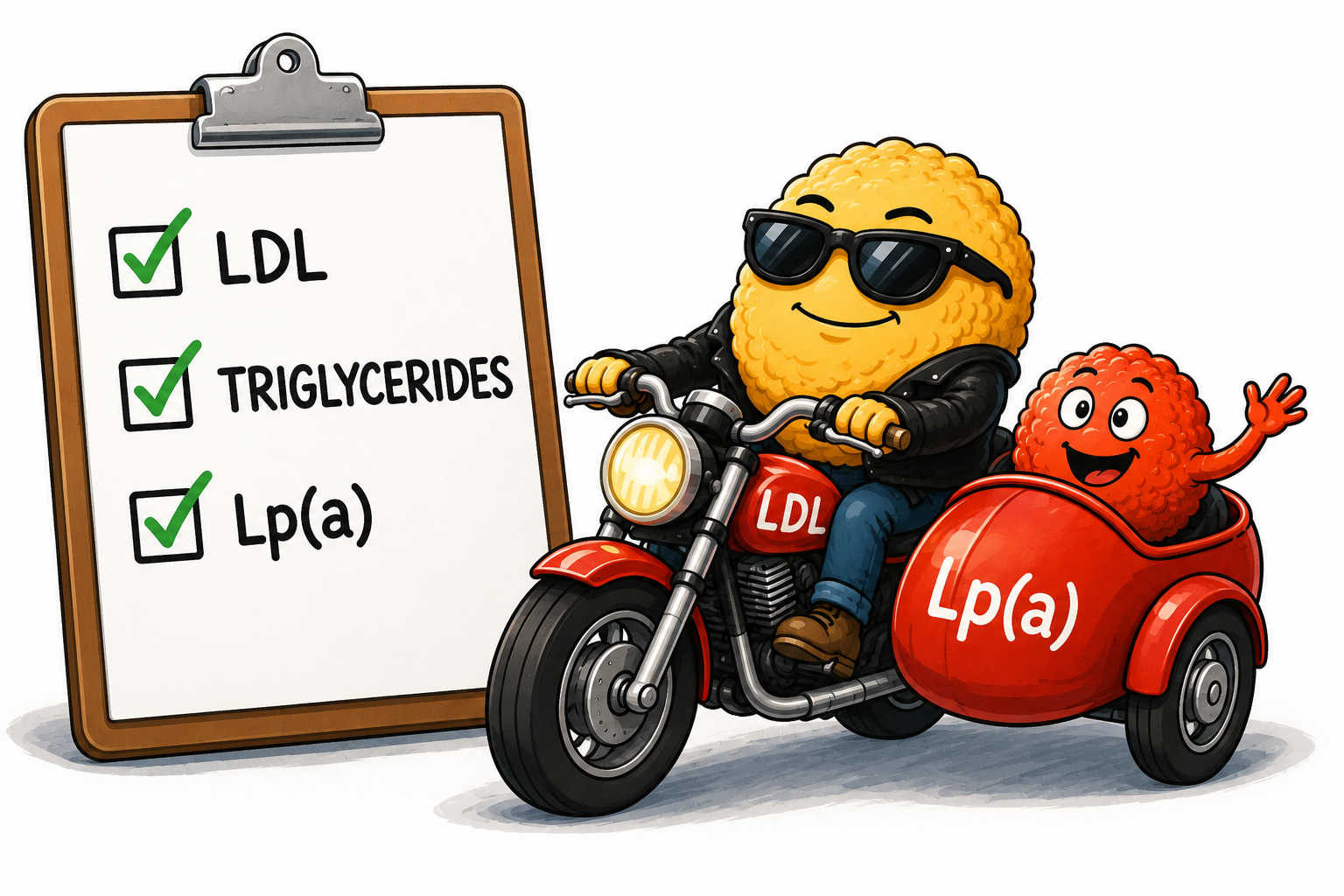 Cartoon of LDL and Lp(a) riding together