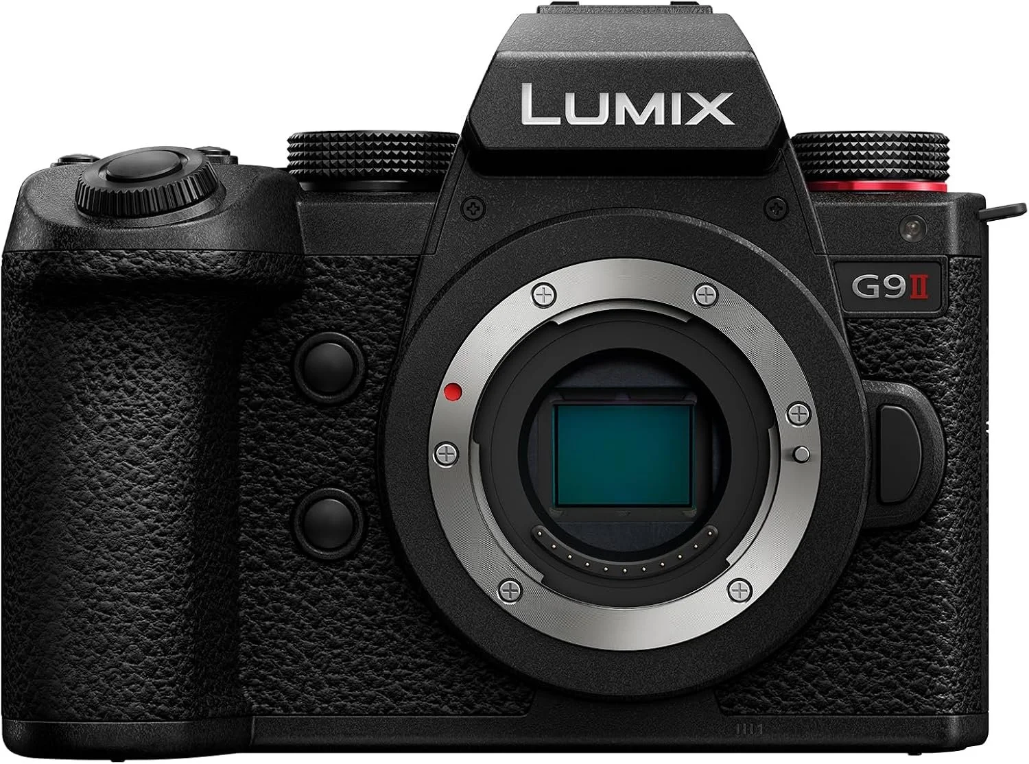Black Panasonic Lumix G9 II mirrorless digital camera without a lens attached, exposing the camera sensor.