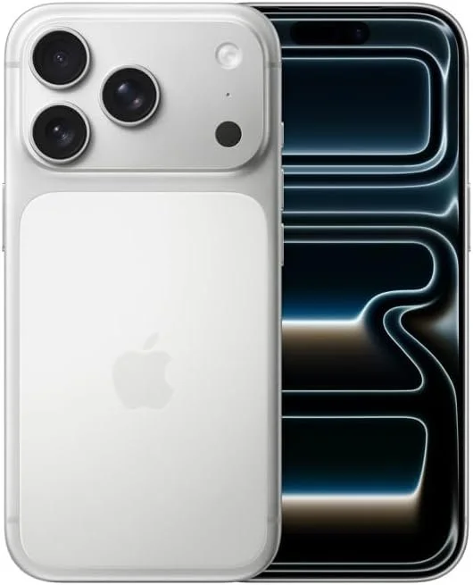 Front and back view of a white Apple iPhone 17
