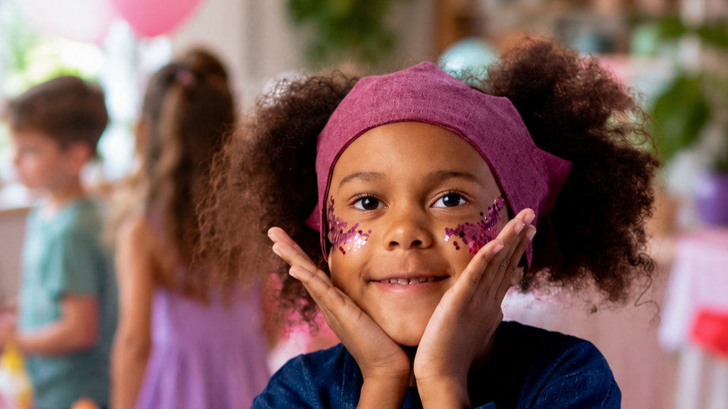 A young girl with curly hair wearing a pink headscarf and face glitter, smiling with her hands on her cheeks in a game-filled indoor setting with other children in the background.