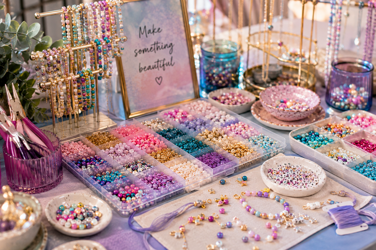 A jewelry making station with colorful beads, bracelets, and jewelry supplies. Beads are organized in small containers, and jewelry pieces are displayed or in progress. There's a framed sign that says, "Make something beautiful," and various jewelry tools and decor items are on the table.