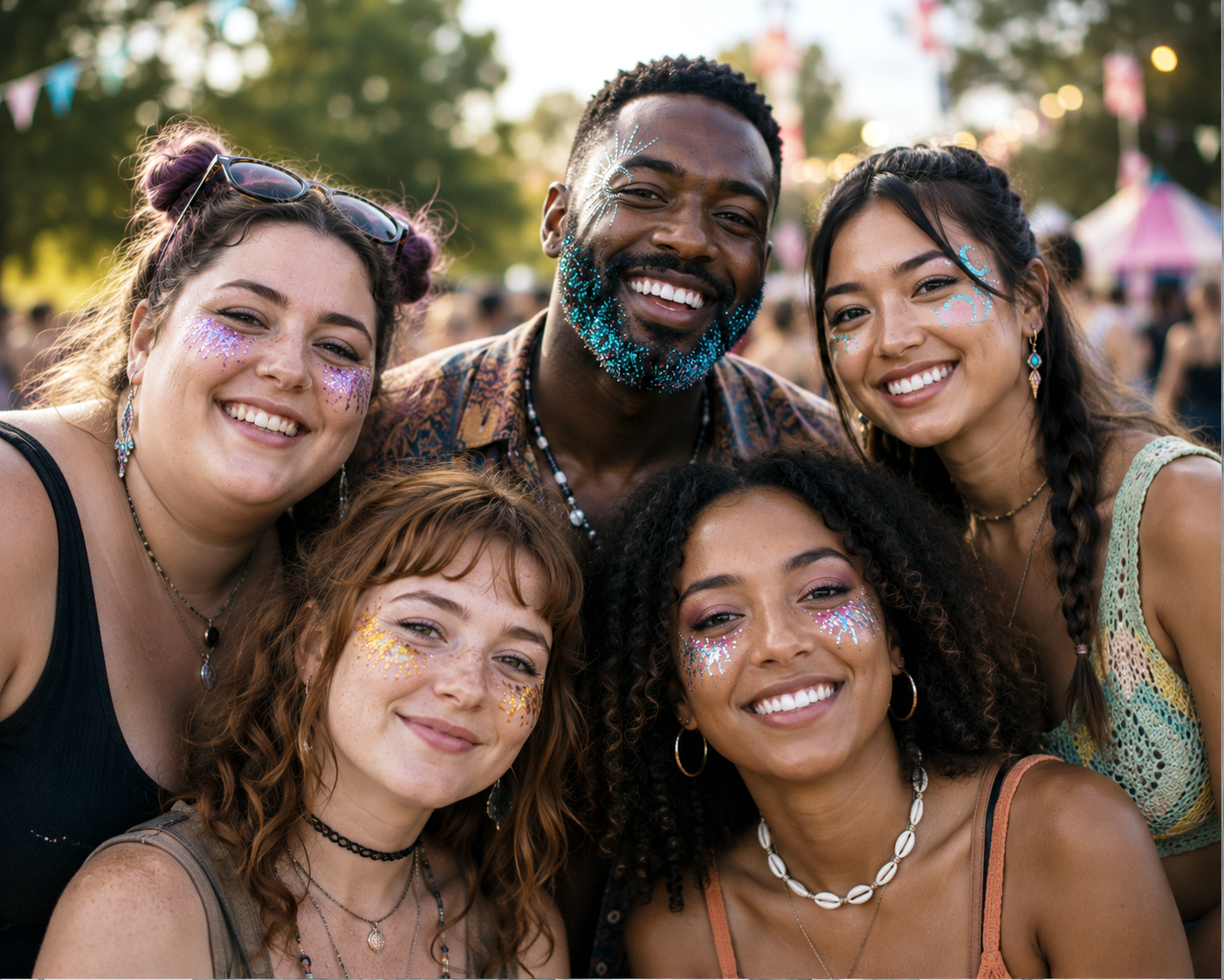 Group of six young adults smiling at a festival with decorations, face paint, and casual summer clothing outdoors during the daytime.