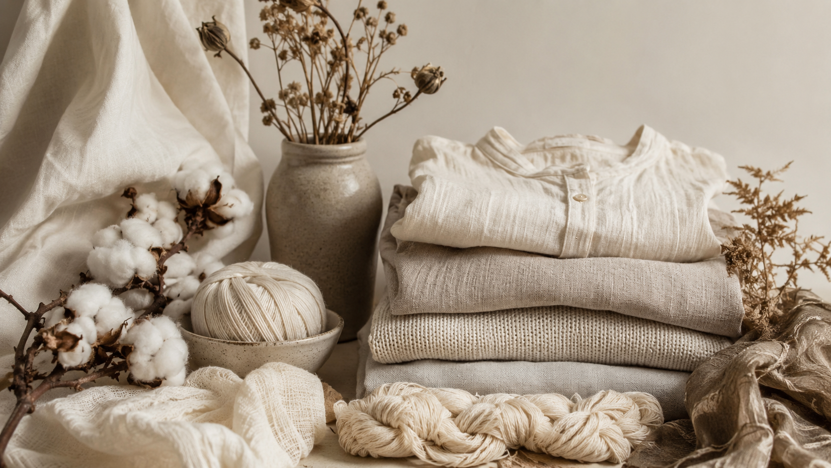 Stacked folded neutral-colored clothing next to a woven cream-colored rope, dried botanical branches, and cotton buffs, with a beige vase holding dried flowers in the background.