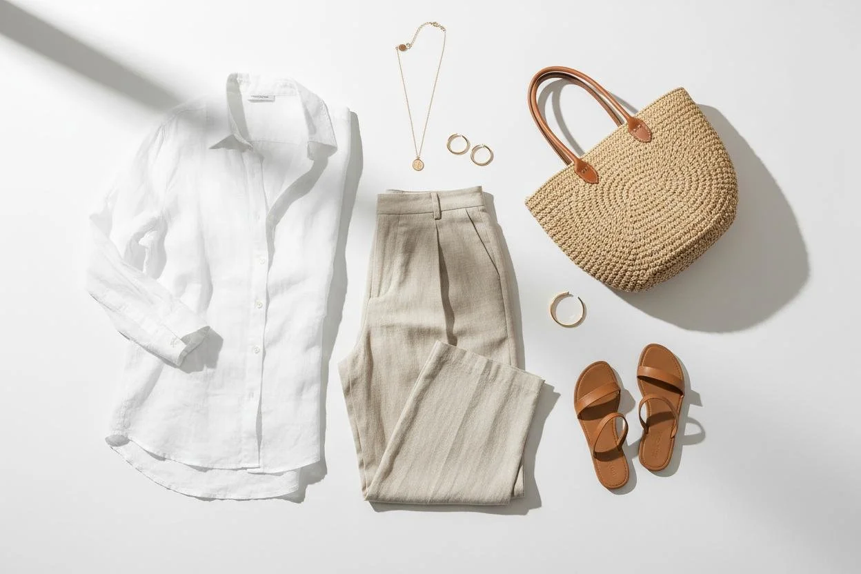 A white button-up shirt, beige trousers, brown sandals, a woven straw handbag with brown handles, gold hoop earrings, a gold ring, and a gold necklace with a pendant are laid out on a white surface.