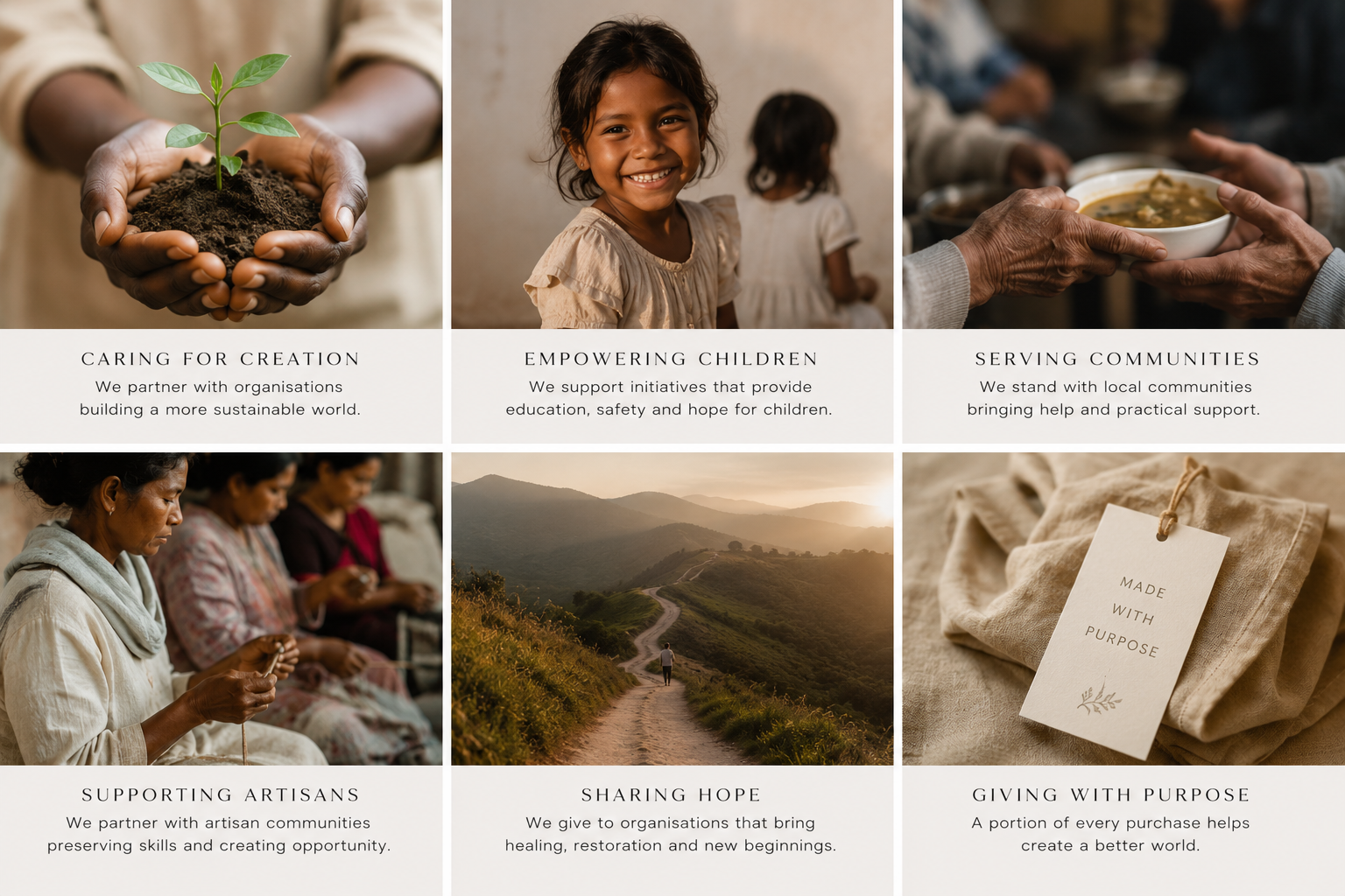 A collage of six images with text describing charitable initiatives: a hand holding a small plant representing caring for creation, a smiling girl representing empowering children, hands exchanging a bowl representing serving communities, women sewing representing supporting artisans, a hiker walking on a trail representing sharing hope, and a cloth bundle with a tag reading "Made with purpose" representing giving with purpose.