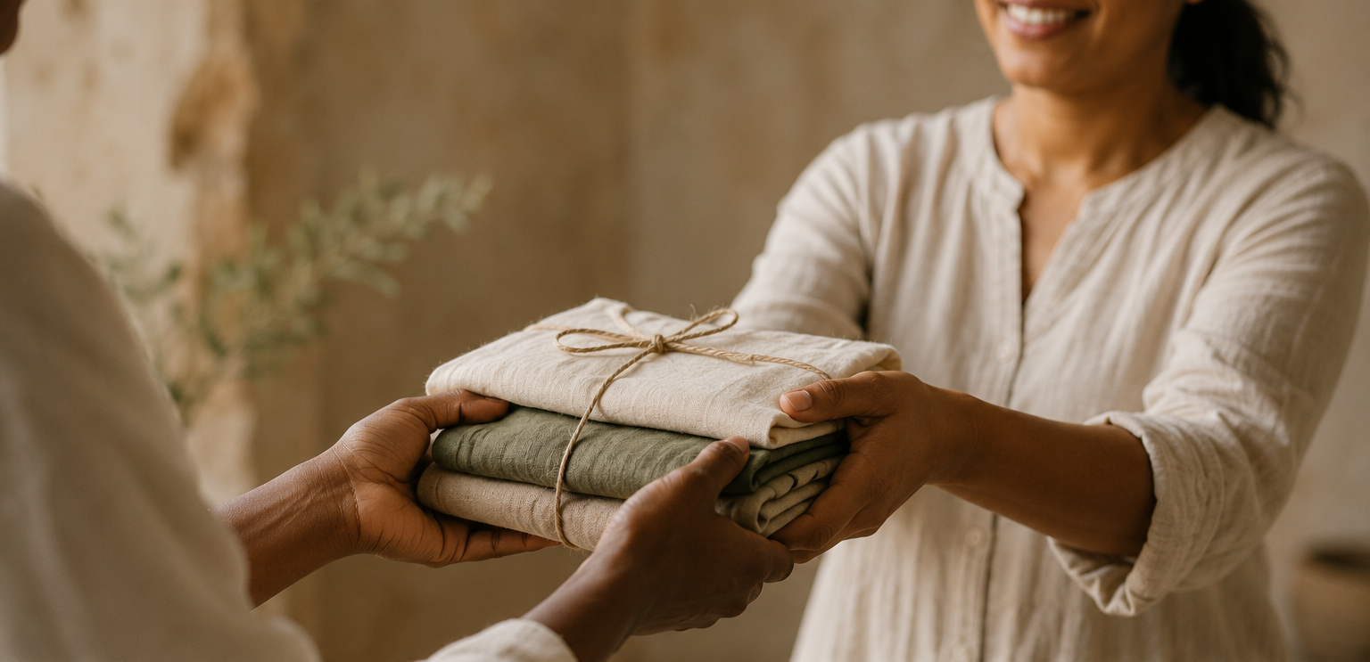 Woman in a beige shirt receives a stack of folded clothes wrapped with a string from another person in a neutral background.