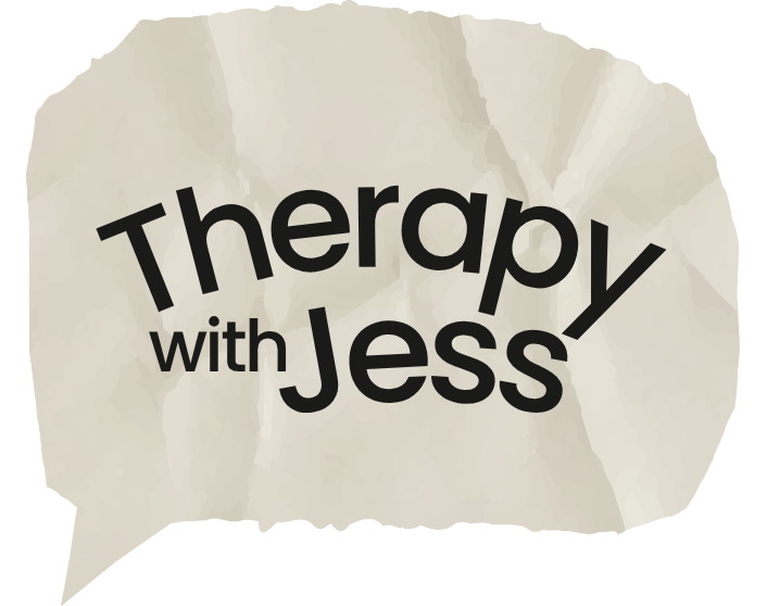 Logo with beige crumpled paper background in the shape of a speech mark and black text that reads "Therapy with Jess."