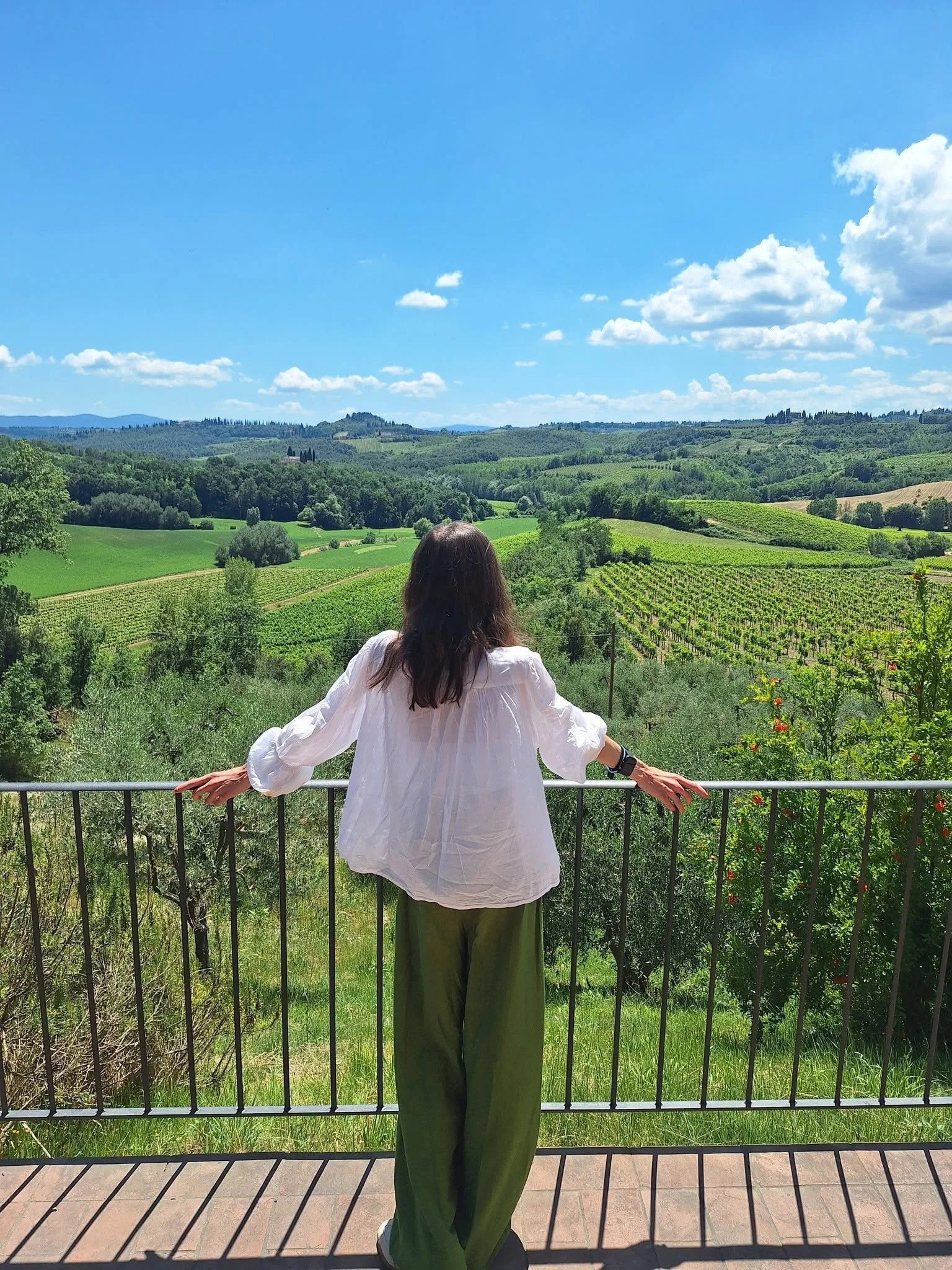 A woman standing with her back facing the camera, holding onto a railing and looking out over green rolling hills and vineyards under a partly cloudy blue sky.