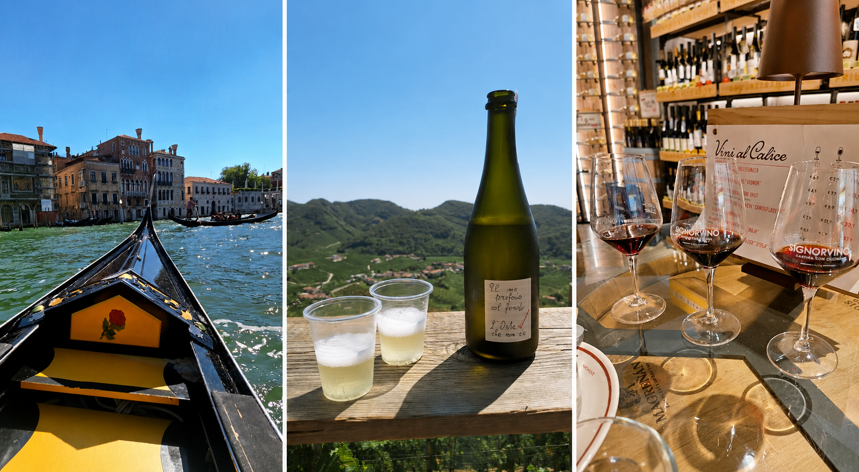 Triptych of three scenes: First shows a gondola ride in Venice with colorful historic buildings on the canal; second features a wine bottle and glasses on a wooden table with green hills in the background; third displays three glasses of red wine on a table in a wine shop or tasting room with wine bottles on shelves behind.