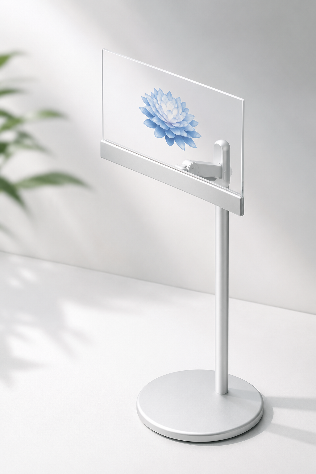 Display stand with a transparent panel showcasing a blue and white flower illustration on a white background.