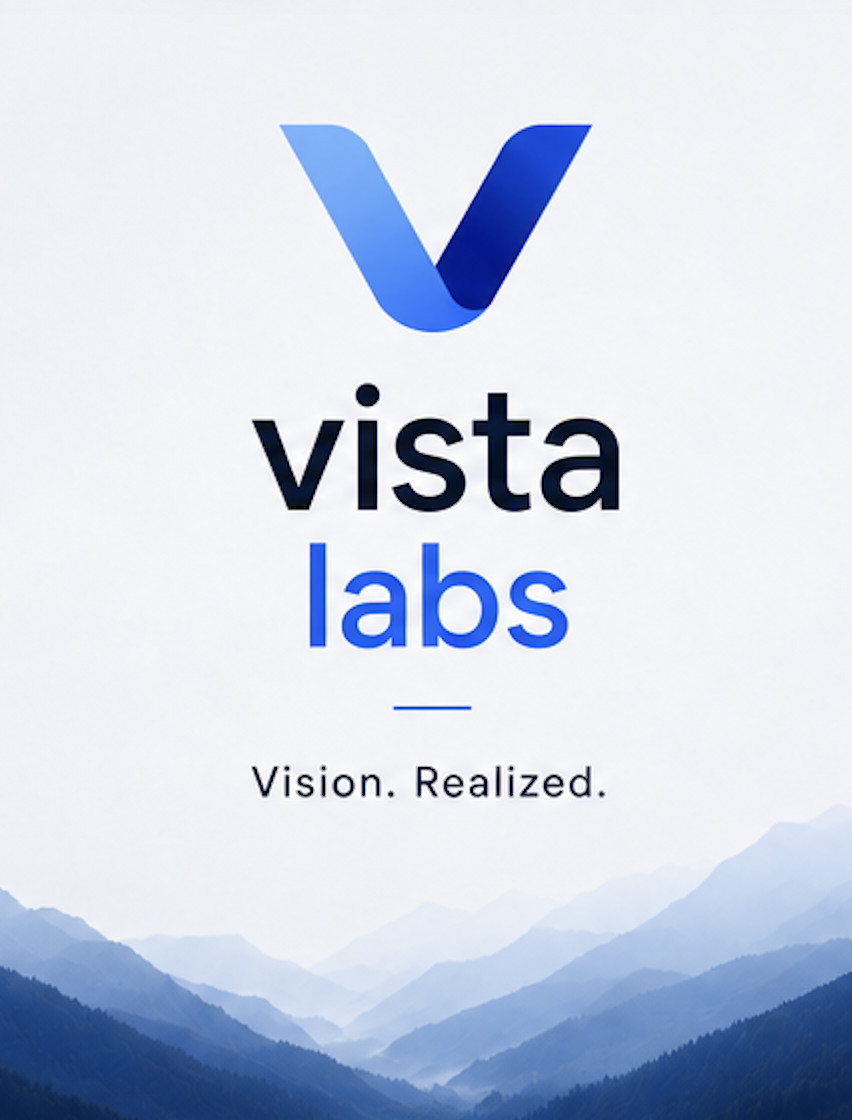 Vista Labs logo with a mountain landscape background and the tagline "Vision. Realized."