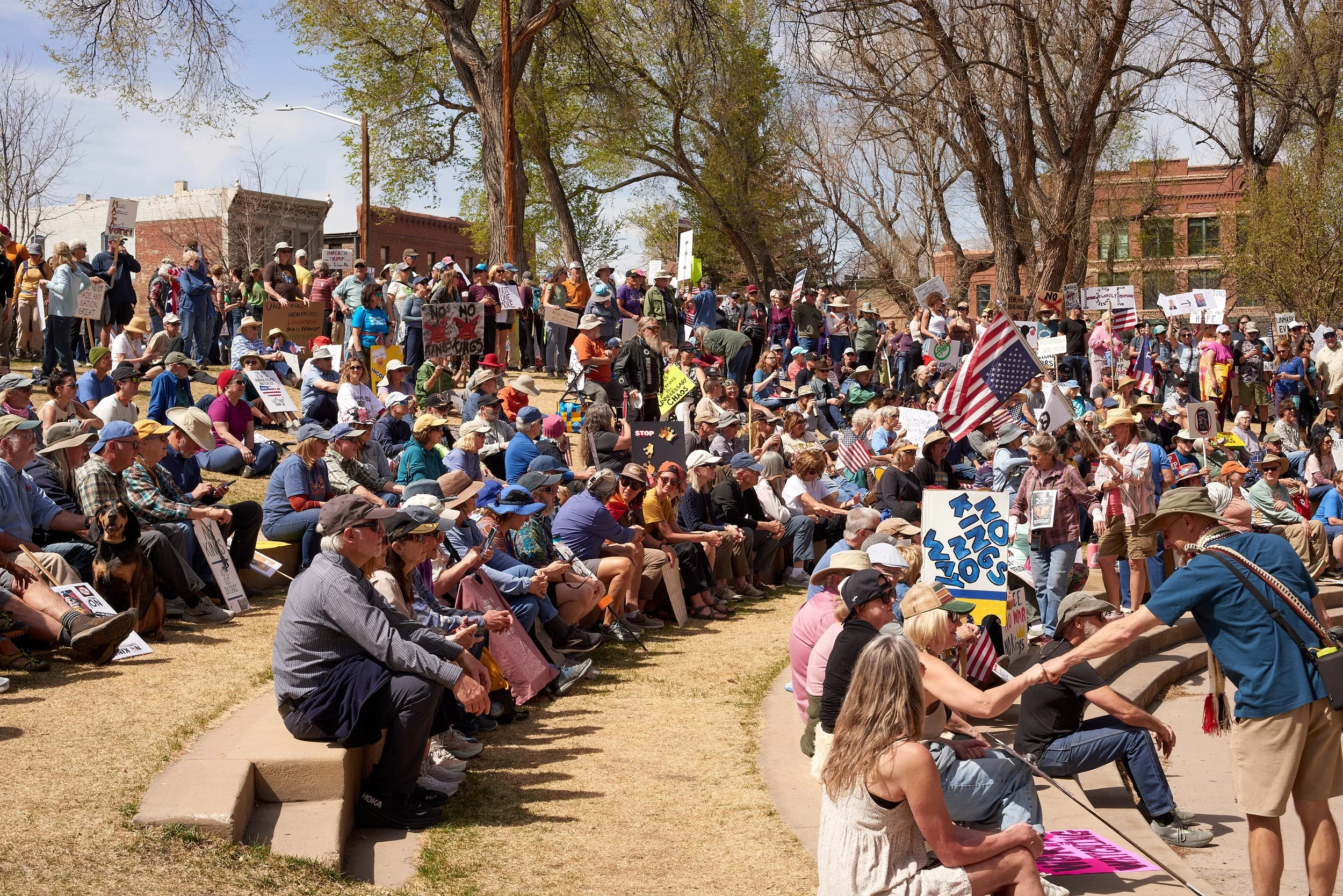Crowd of people participating in a protest or rally, sitting and standing on the steps and grass, holding signs and American flags, in front of a building with trees in the background.