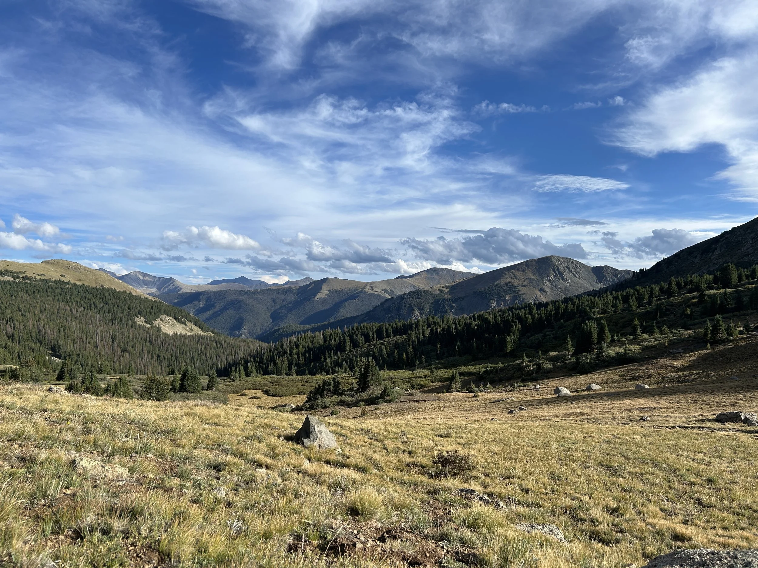 A scenic mountain landscape with rolling hills, dense coniferous forests, and a partly cloudy blue sky.