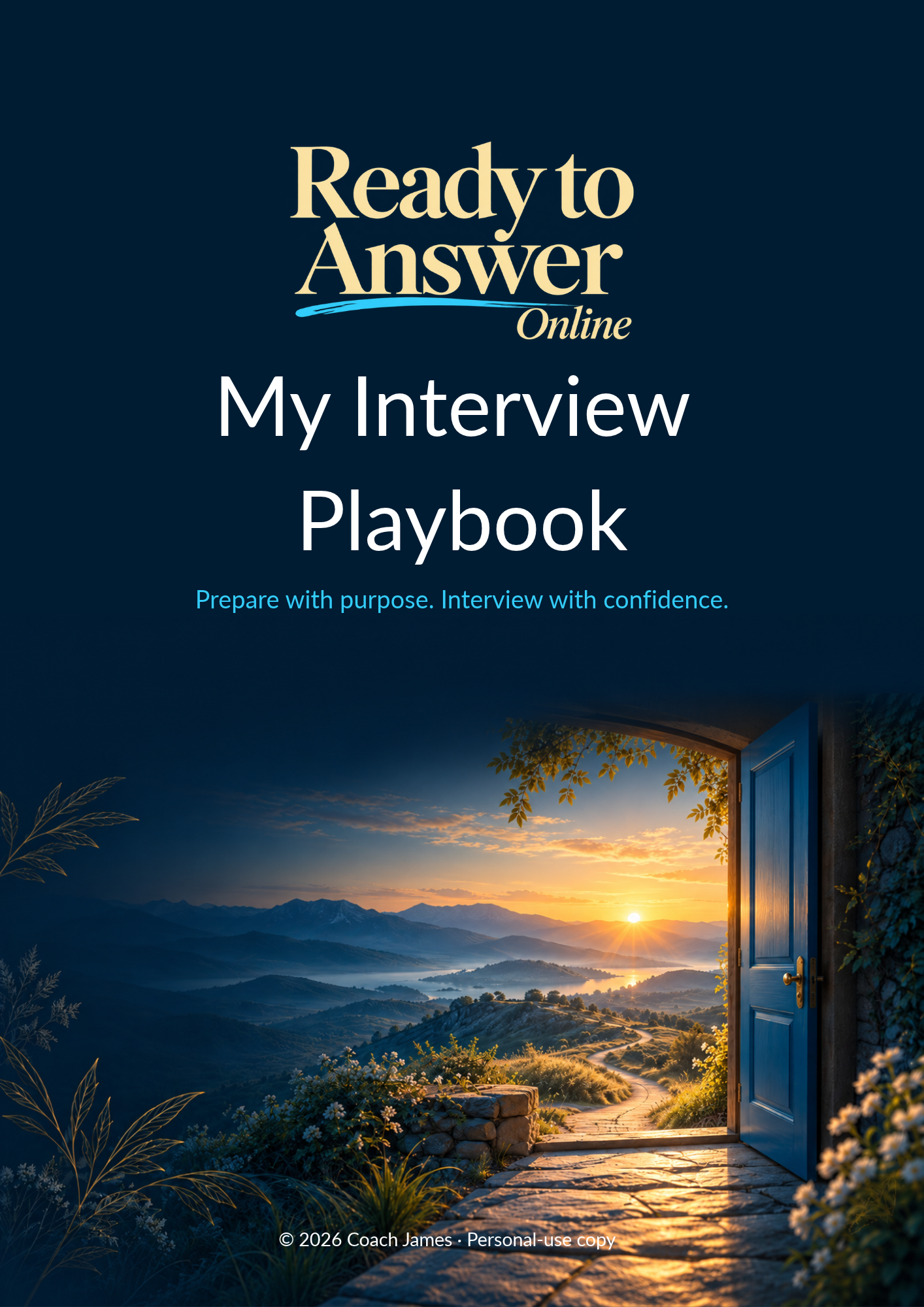 The actual Ready to Answer™ Online My Interview Playbook cover, with the open doorway and sunrise landscape