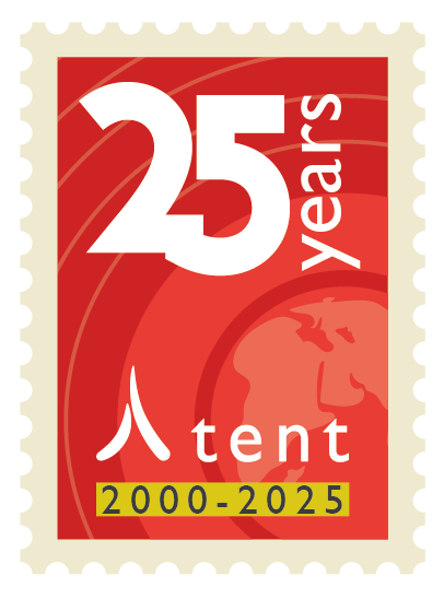 A postage stamp commemorating 25 years of Tent International from 2000 to 2025, featuring a red background, white text, and a partial globe illustration.