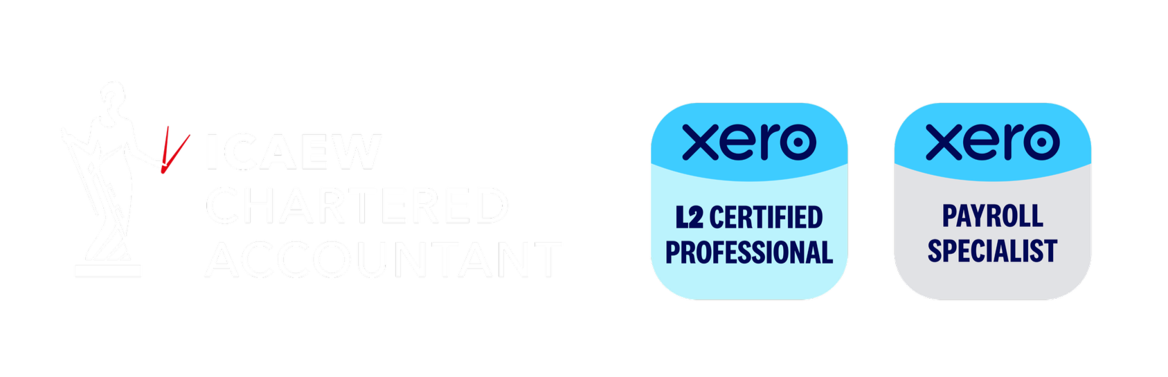 Logo for ICAEW Certified Chartered Accountant, featuring stylized woman statue, with two Xero certification badges reading 'L2 Certified Professional' and 'Payroll Specialist'.
