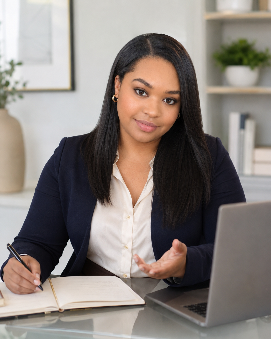 A woman with medium skin tone, black hair, wearing a dark blazer and light blouse, sitting at a desk with a laptop, notebook, and pen, smiling and gesturing with her hand in an office setting.
