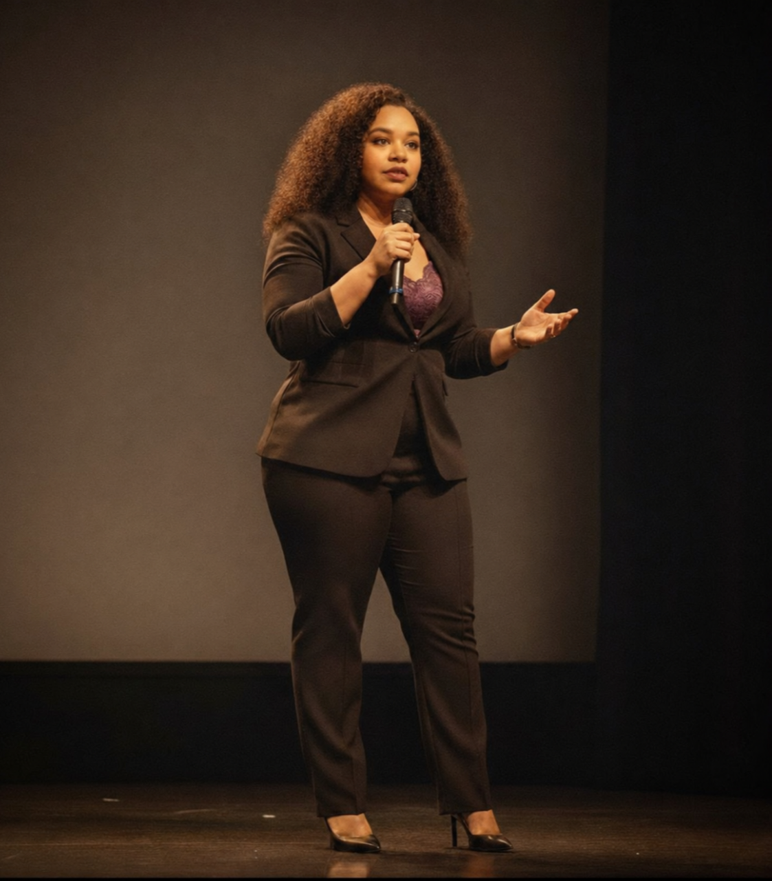 A woman in a black suit holding a microphone and speaking on stage.