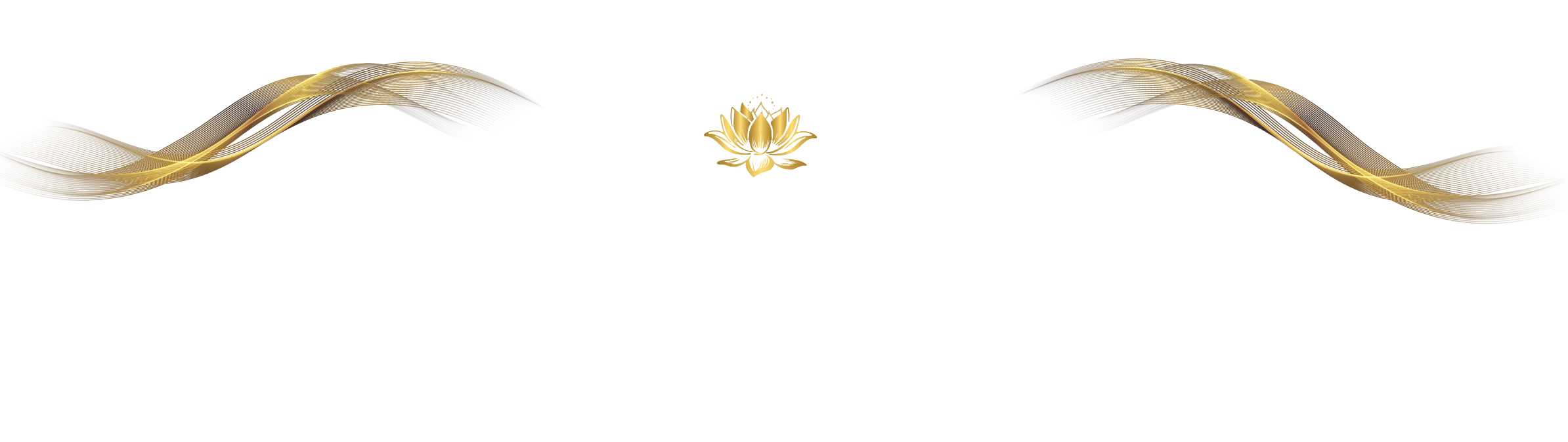 Gold and black flowing ribbon design with a small golden lotus flower in the center and a red and white background.