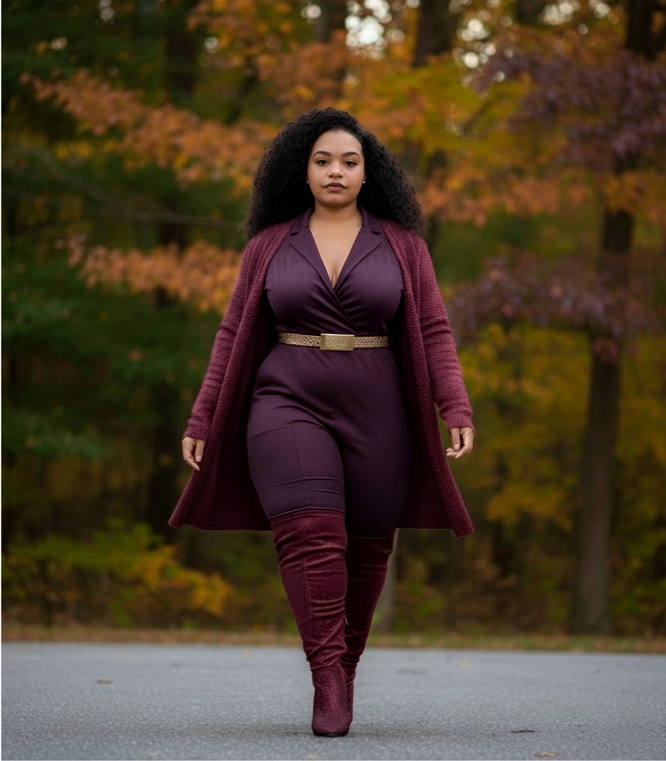 A woman walking outdoors on a paved surface during autumn, wearing a burgundy outfit with a long coat, pants, and matching high-heeled boots, with colorful fall foliage in the background.