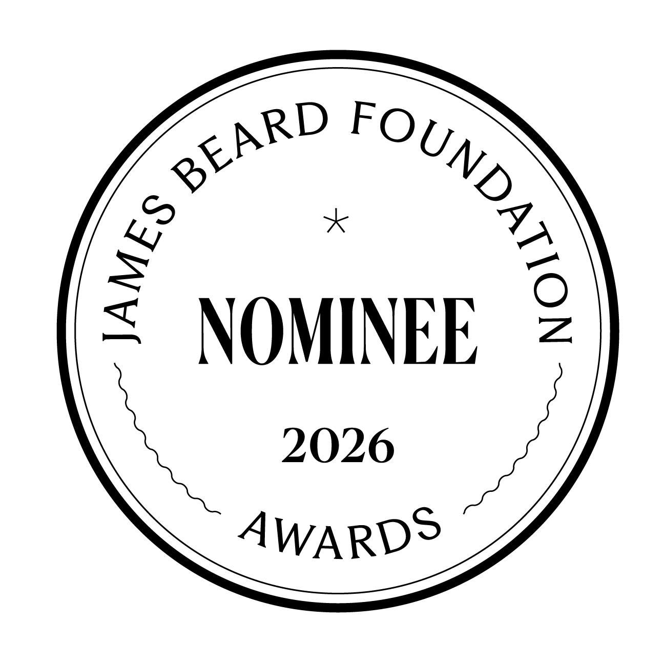 Award badge with text indicating nomination for James Beards Beard Foundation Awards in 2026.