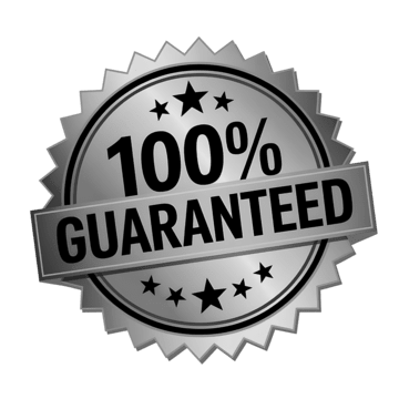 Gray and black circular badge with a serrated edge, displaying '100% GUARANTEED' and stars.