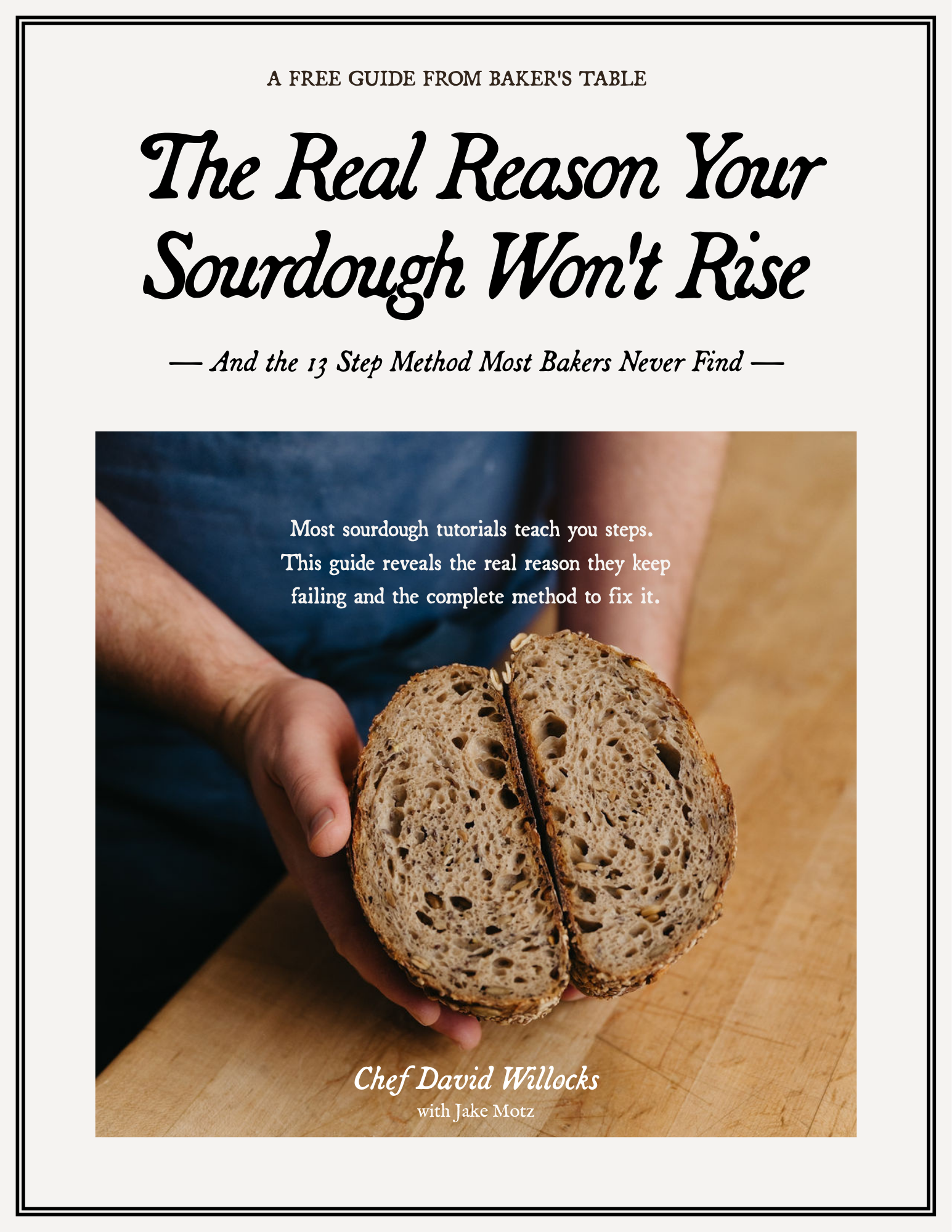 Book titled "The Real Reason Your Sourdough Won't Rise" by Chef David Willocks, shown with a loaf of sourdough bread in the background, resting on a wooden surface.