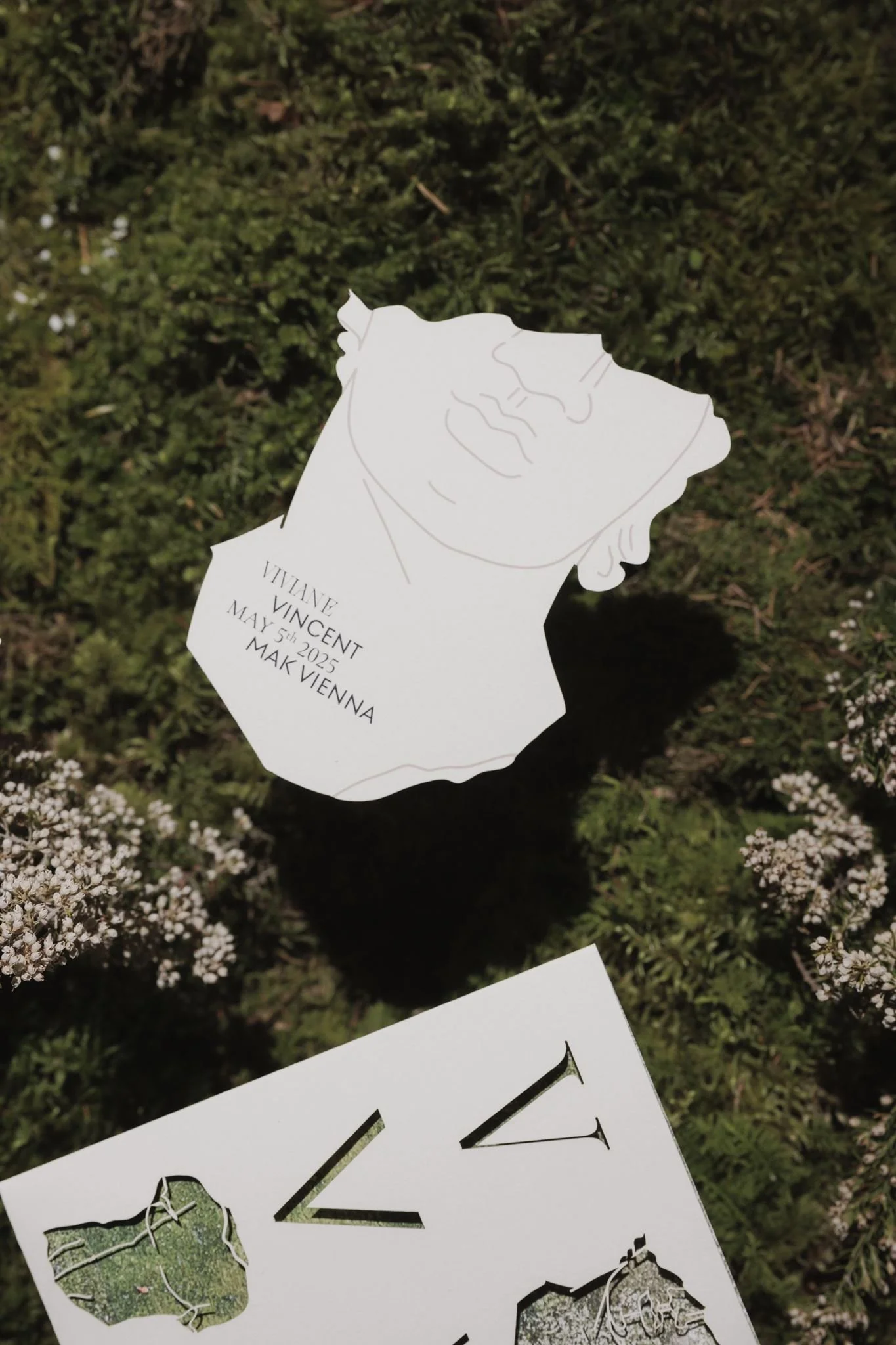 Paper cutouts with outline drawings of a face and a map, placed on grass with small white flowers.