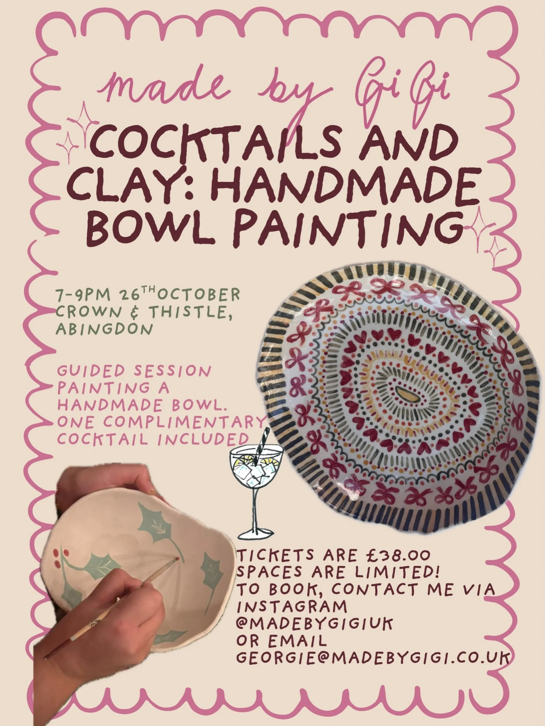 Excited to share my first ever event with you all!
Cocktails and Clay: Handmade Bowl Painting 🤩 
Spaces are limited as I wanted to start small for my first one.
To book, please contact me and I will send you a payment link.
Looking forward to seeing
