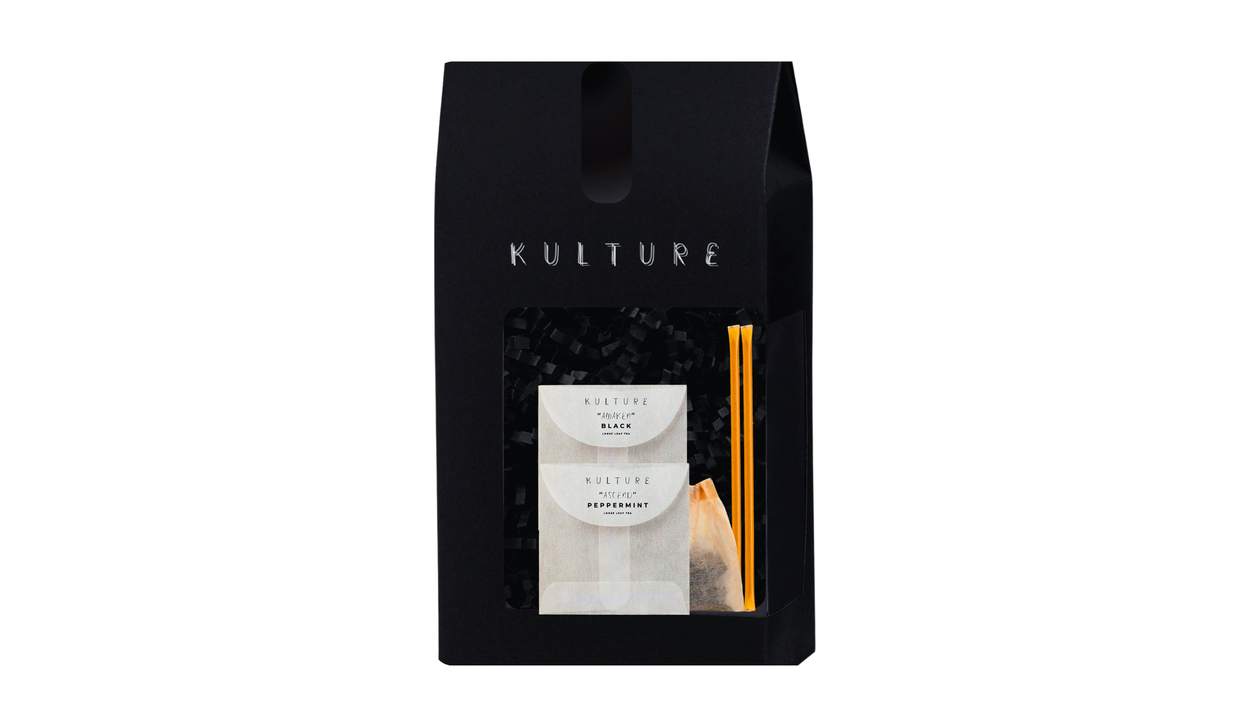 Black gift box with the brand name Kulture, containing two sticks, and two white packets labeled 'Ascend' Peppermint and 'Awaken' Black.