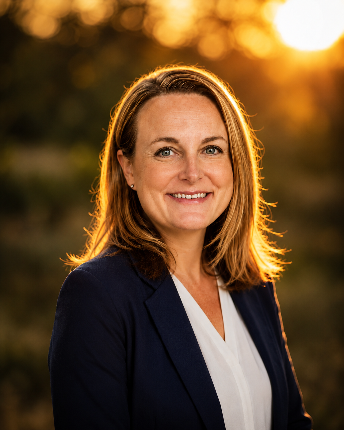 Headshot of Nora Hertel, founder of Hertel Content Studio, she has shoulder-length blonde-brown hair and blue eyes, wearing a navy blazer and white top, standing outdoors during golden hour with sunlight illuminating her hair, smiling at the camera.