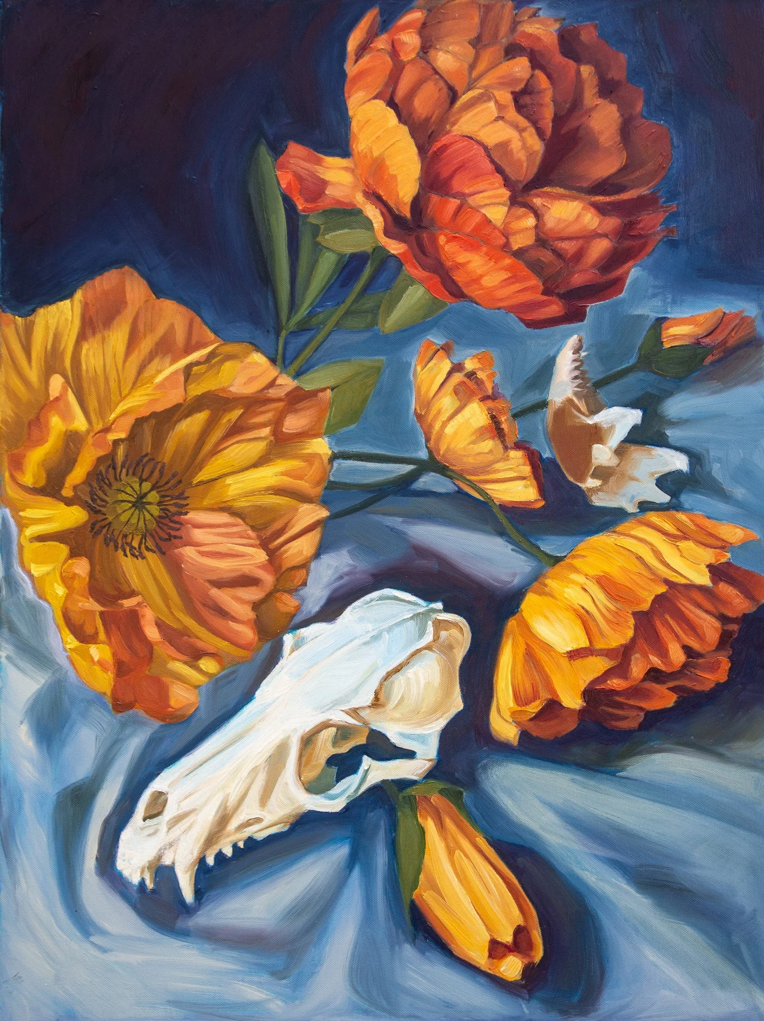 An oil painting of a fox skull amongst yellow and orange flowers with green leaves against a dark blue background. The flowers are detailed with visible brushstrokes.