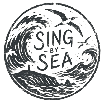 A circular black and white design featuring ocean waves, seagulls flying, and the words 'SING BY SEA' in the center.