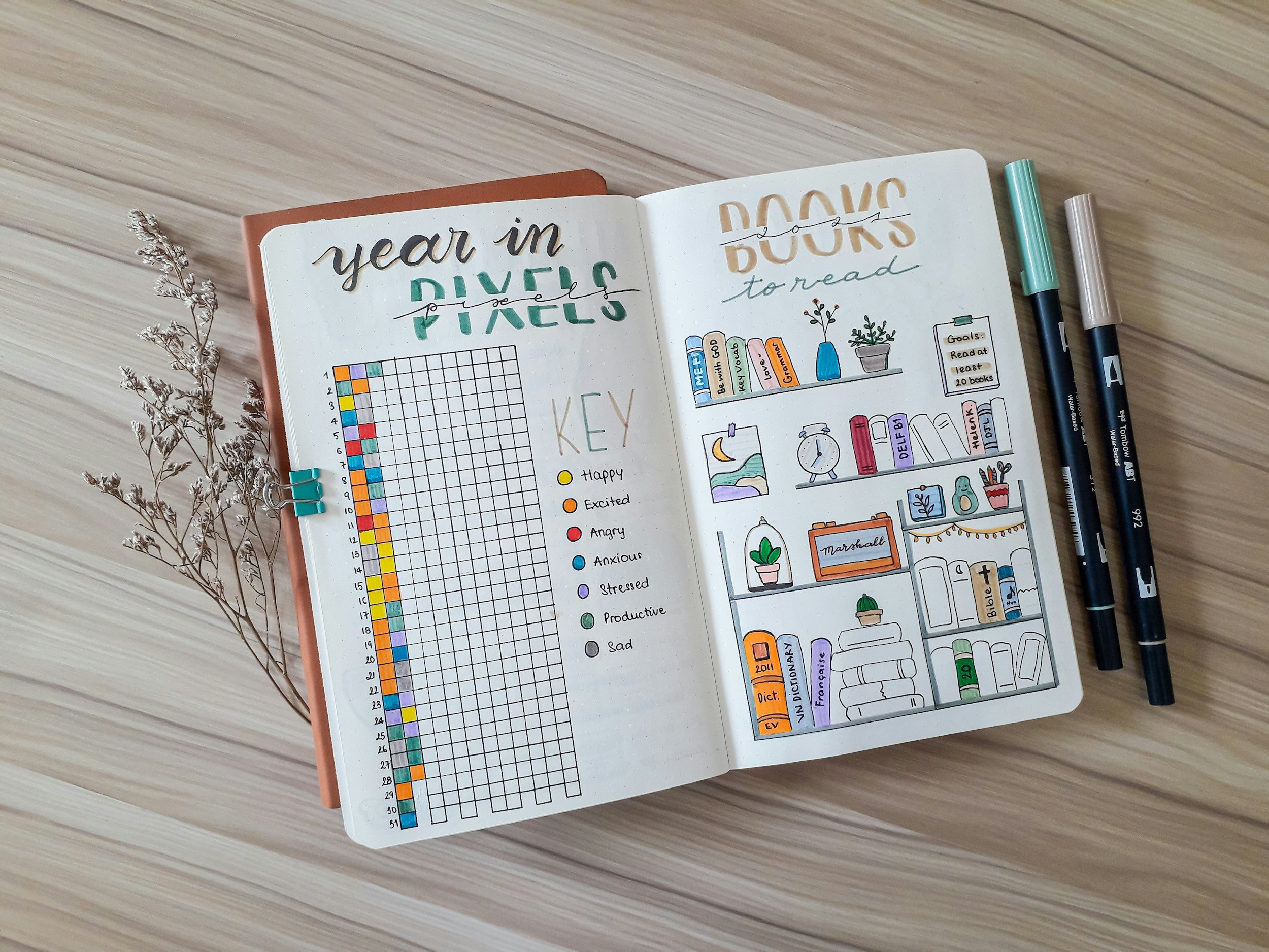 Open bullet journal on a wooden surface with colorful illustrations, icons, and writing about goals and months, accompanied by two markers and dried decorative branches.
