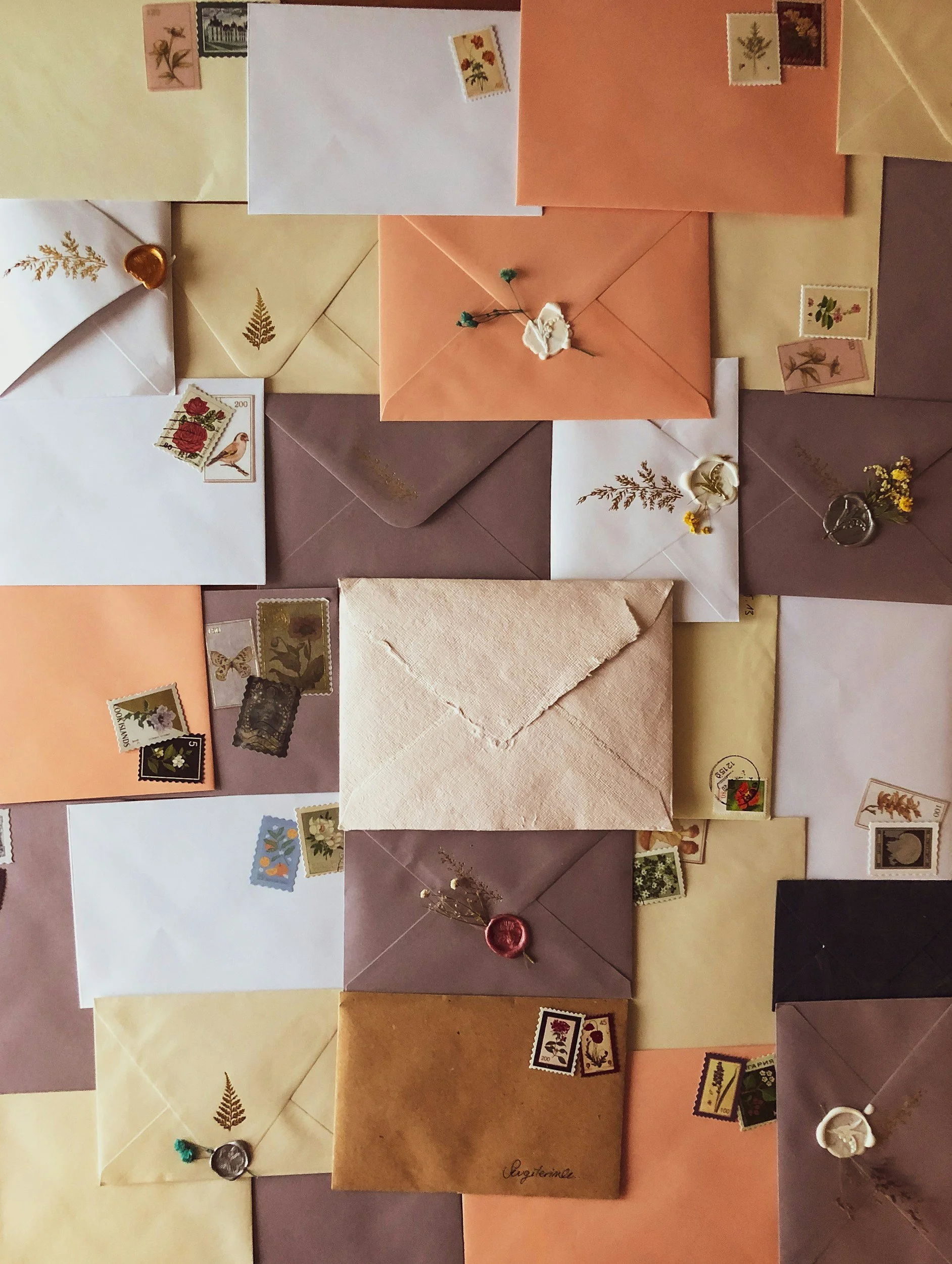 A collection of colorful envelopes in pastel shades with stamps, some decorated with pressed flowers, ferns, and handwritten notes, arranged in a pattern on a surface.
