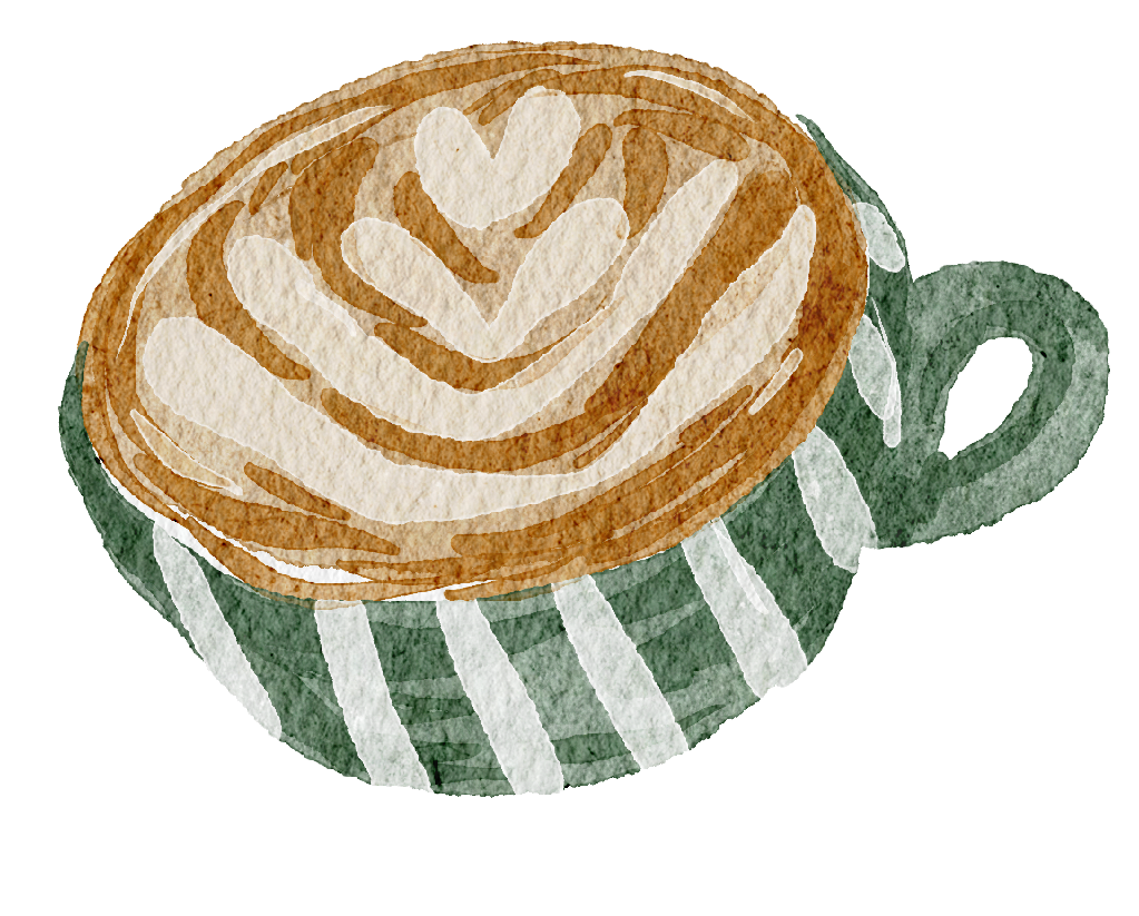 Watercolor illustration of a coffee mug with a heart design and striped pattern.