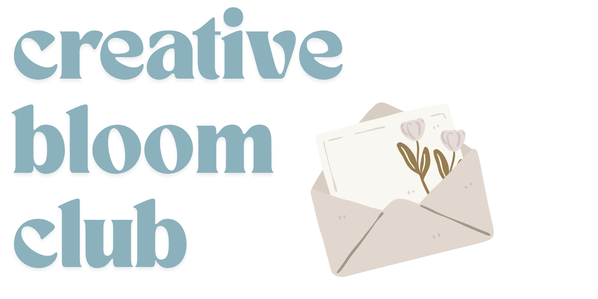 Text reads 'creative bloom club' with a paper envelope containing a card with a floral illustration.