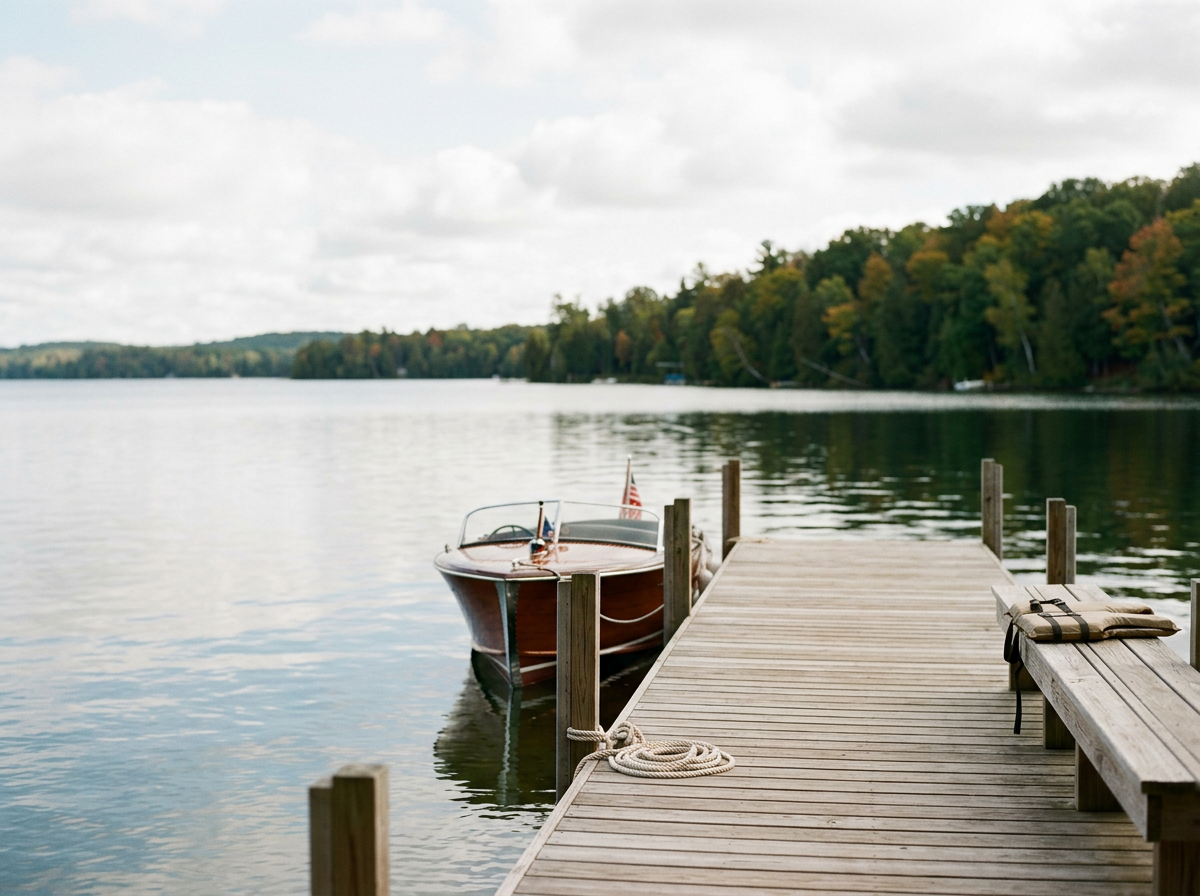 A dock on a lake with a red boat tied to it, and a forested shoreline in the background.