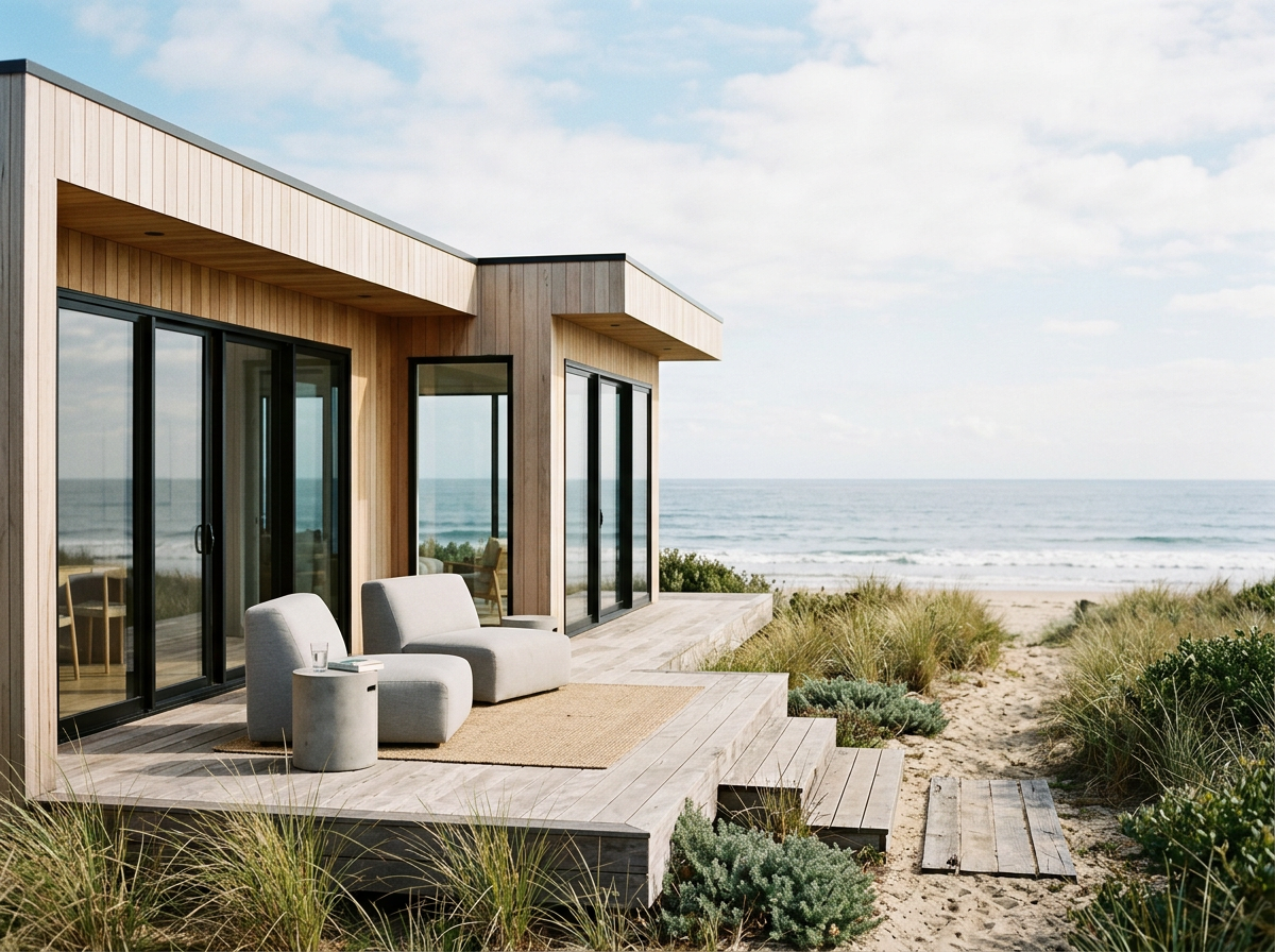 Beach house with wooden exterior and large glass doors, overlooking the ocean, with outdoor seating area on a wooden deck surrounded by grasses and plants.