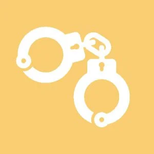 Silhouette of white handcuffs on a light orange background.