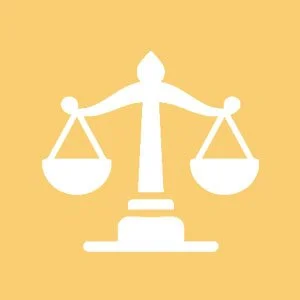 Icon of a white balanced scale on a yellow background.