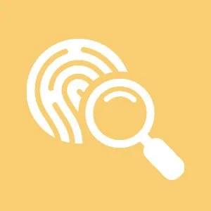 Icon of a fingerprint with a magnifying glass over it on a yellow background.