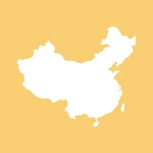 White silhouette of the map of China on a yellow background.