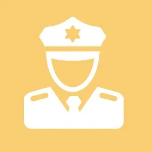 Icon of a police officer with a hat and badge on a yellow background.