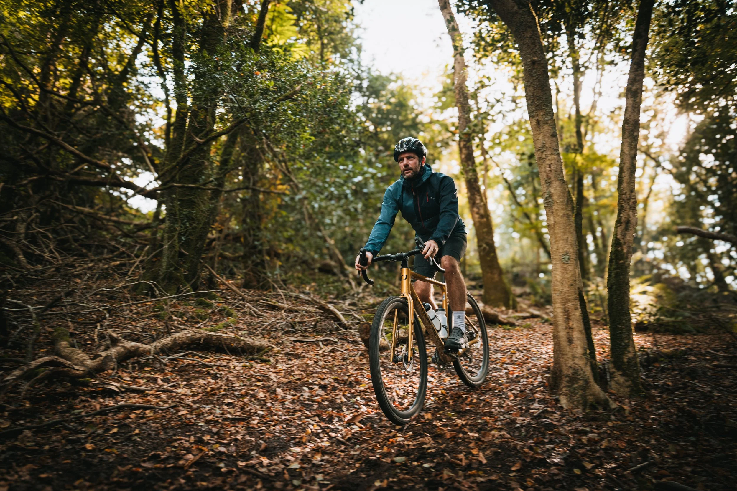 Un homme fait de la vélo dans une forêt aux feuilles tombées.