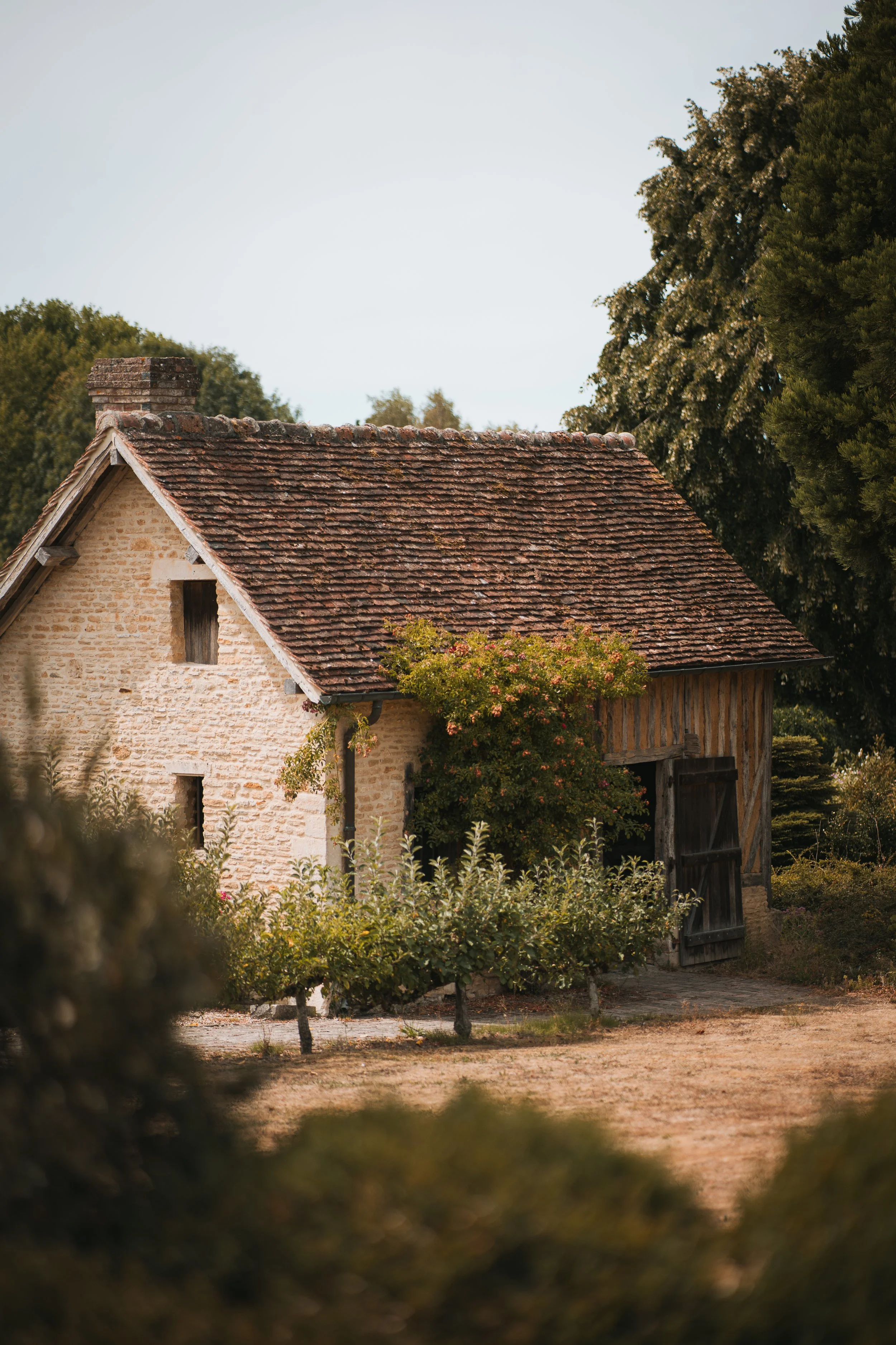 Une maison en pierre avec un toit en tuiles rouges, entourée de petits arbres et de buissons, dans un paysage rural en plein air.