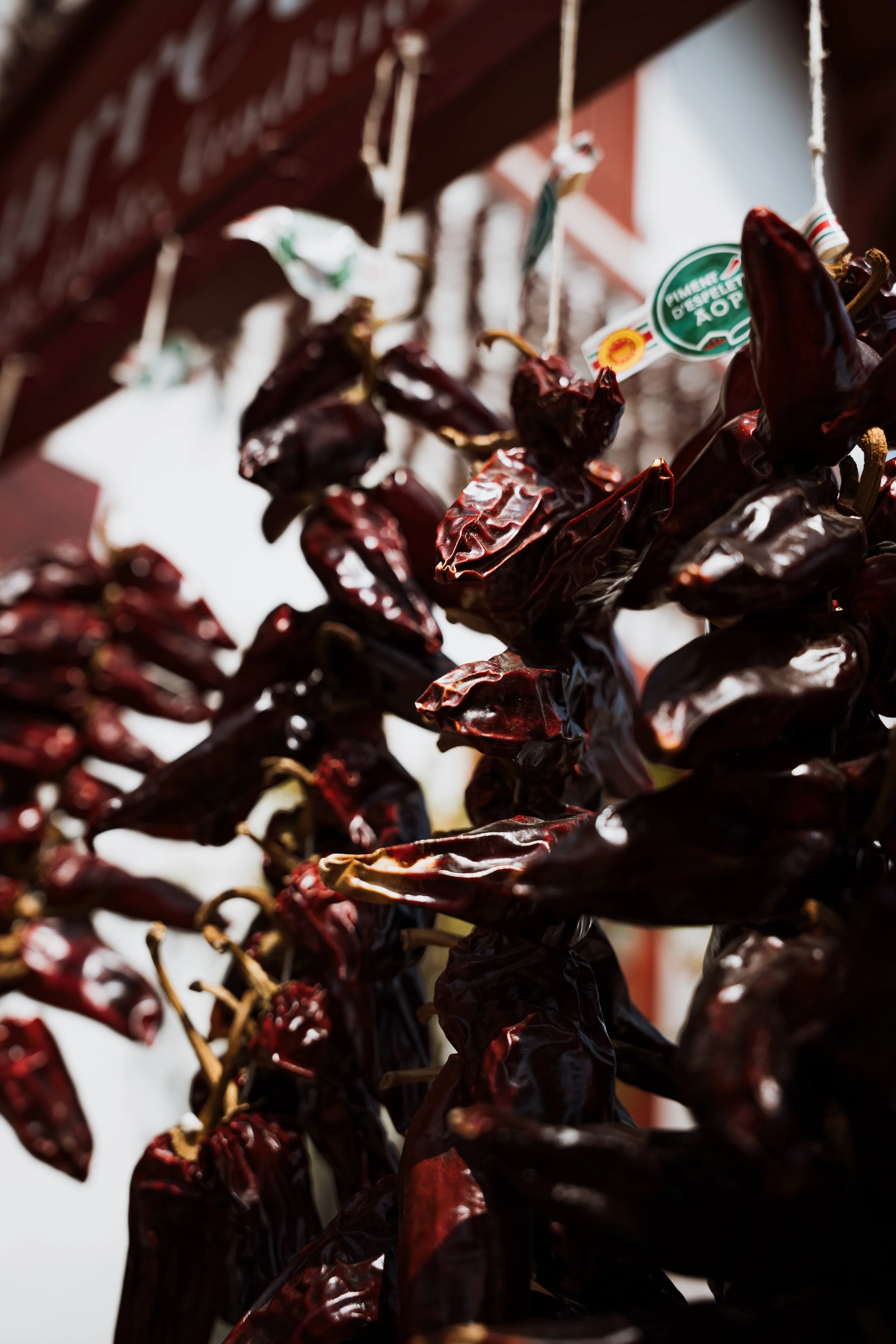 Raisin secs suspendus à des fils, en gros plan, dans une boutique ou un marché.