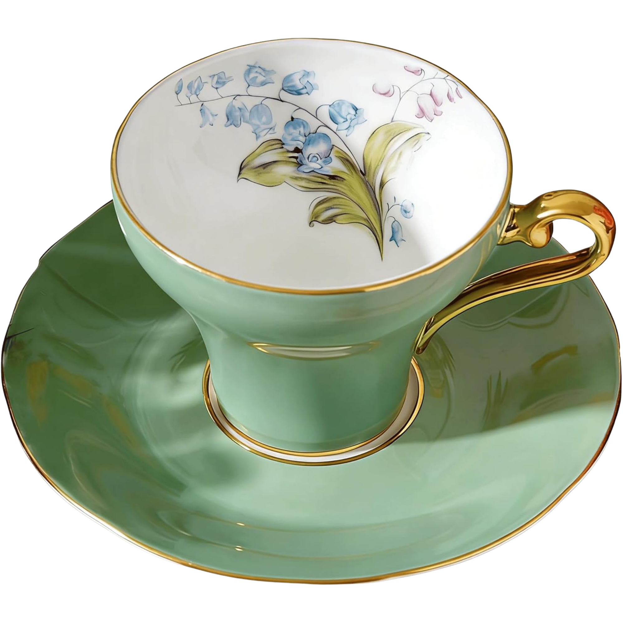A decorative teacup with a floral design and gold accents, resting on a green saucer.