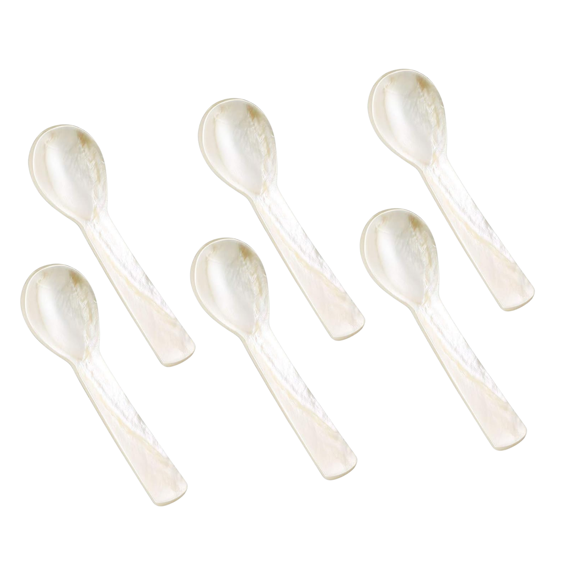 Close-up of multiple white plastic spoons overlapping each other.  mother of pear caviar spoons
