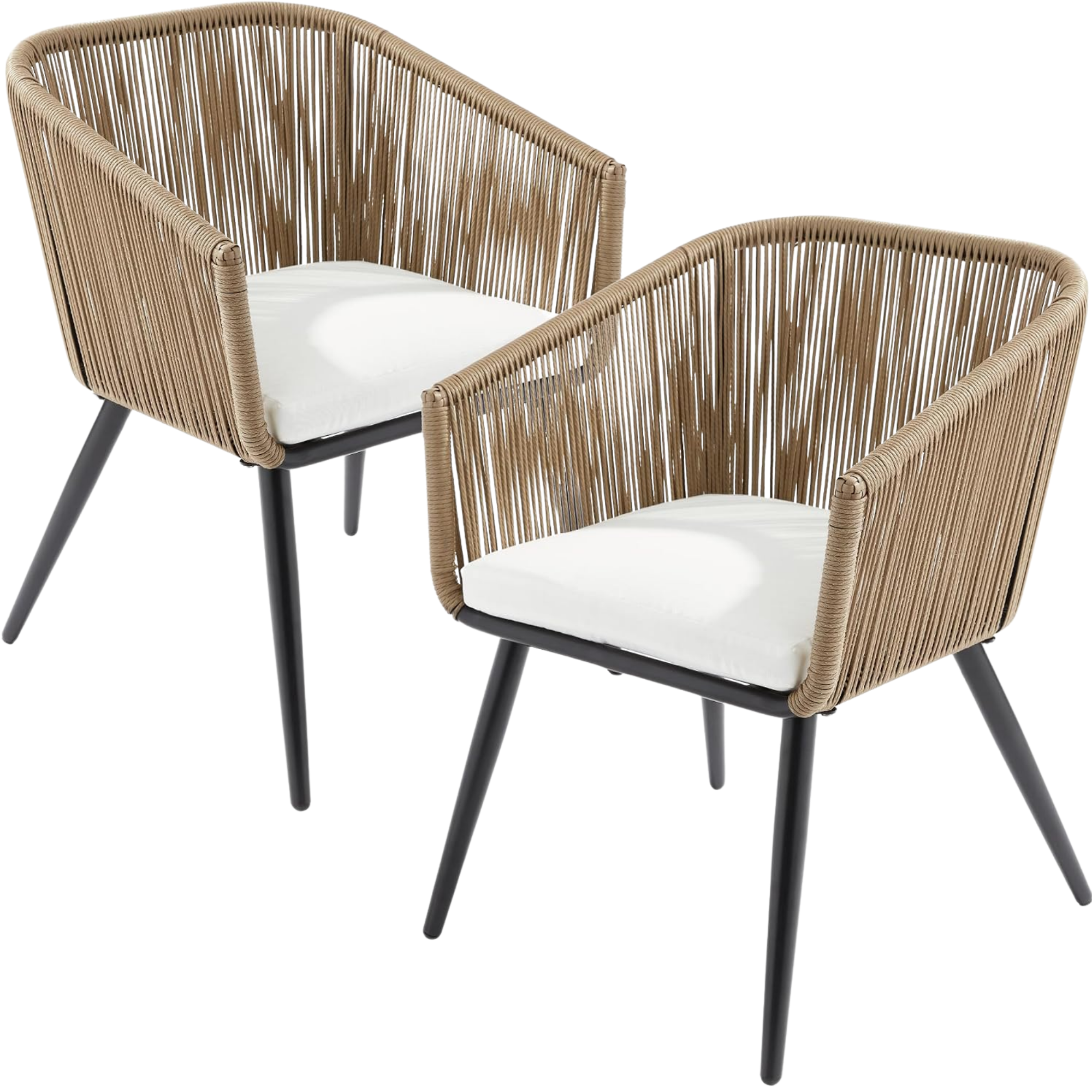 Two wicker chairs with white cushions and black legs, viewed from the front, with a plain background.